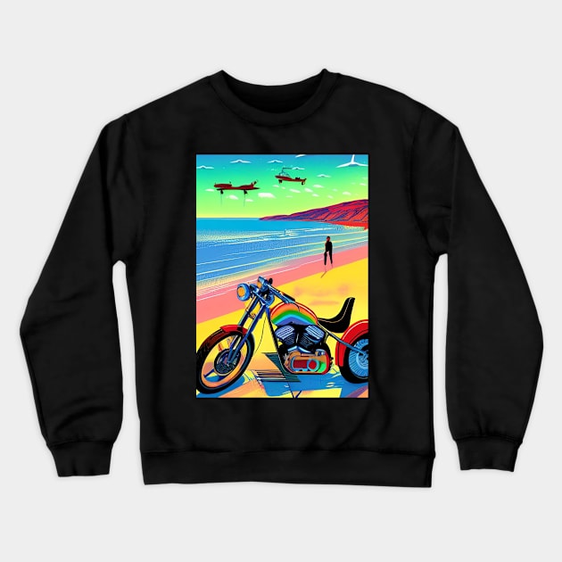 HIP GIRL ON BEACH WITH MOTORCYCLE RETRO Crewneck Sweatshirt by sailorsam1805